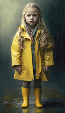 Young girl standing in the rain wearing a yellow raincoat. Generative AI illustrations
