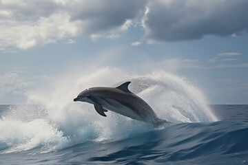 Dolphins play near the shore jumping out of the water with splashes of water and sand, Generated by Ai