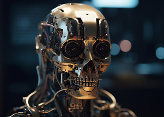 Metal skeleton of a cyborg robot head close-up, Generated by Ai