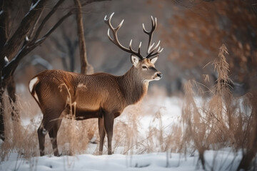 Naklejka na ściany i meble Noble deer male in winter snow forest. Artistic winter christmas landscape, generative AI