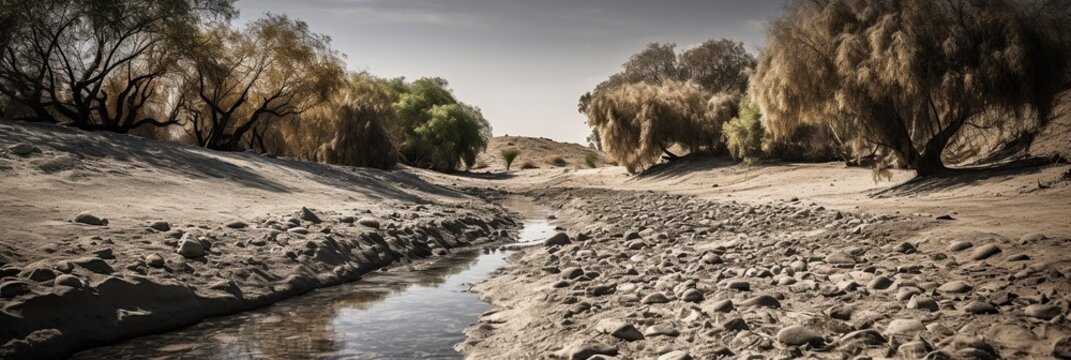 A stark and evocative image of a dry riverbed, showing the devastating effects of drought and climate change on natural water sources, concept of Water scarcity, created with Generative Generative AI