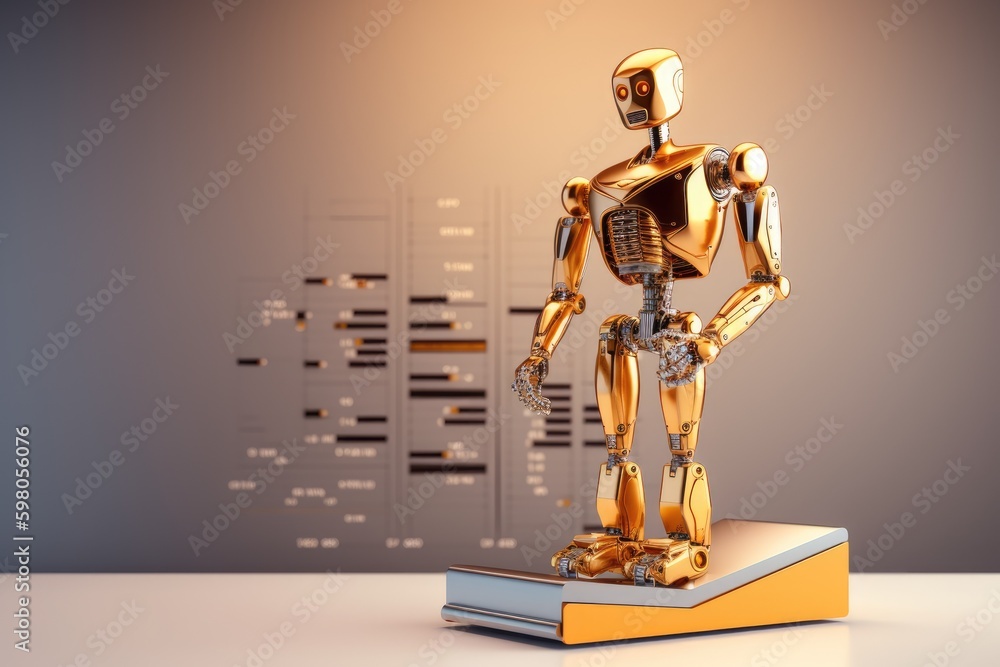 Aufkleber golden robot standing triumphantly on a large book. generative ai generative ai