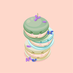 Vector Illustration of Cute French Macaroons in Funny Kawaii Cartoon Style 