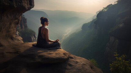 Woman meditating in the mountains. Generative AI - obrazy, fototapety, plakaty
