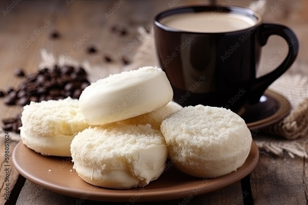 Poster cozy scene with freshly baked cookies and a steaming cup of coffee on a table. generative ai generat