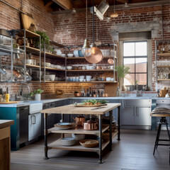 Interior of a modern kitchen in renovated loft, brick walls, industrial, generative AI