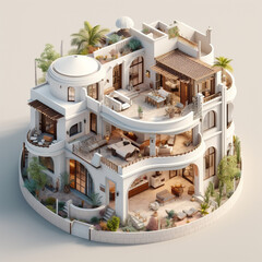 Fototapeta premium Isometric illustration of a bunglow house based on Arabic and Greece architecture. Flat roof and lots of open space. Decorated with an interesting interior and landscape.