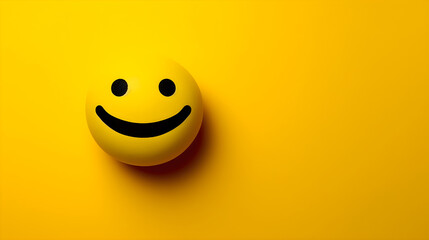 Smiley face ball on yellow backdrop with copy space.