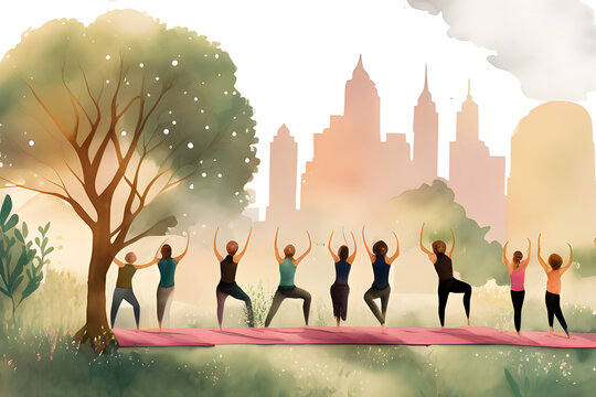 group yoga in the park at dawn. generative AI