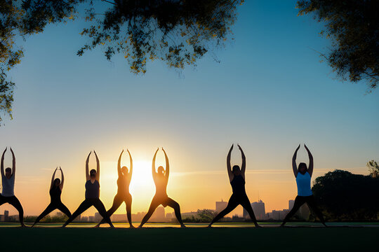 group yoga in the city park at dawn. Drawing generative AI