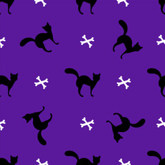 Halloween scary pattern, colorful print with cats and crossbones. Autumn wallpaper or party background for fabric, for textiles, for wrapping paper. Halloween seamless pattern with simple silhouettes.