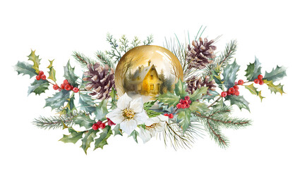 Beautiful christmas composition with watercolor hand drawn glassglobe with fir cones branches and holly with red berries. Stock clip art illustration.