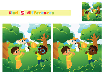 Find the differences. Children are playing in the park. The boys throw the ball and the girl plays with the dog in a cartoon style. An educational game for children in elementary school.