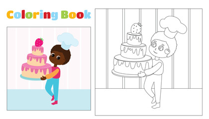 Fototapeta na wymiar Children's coloring boy in a chef's hat carries a cake. Coloring page for children ages 4-11 in kindergarten and elementary school. Illustration and black and white outline.