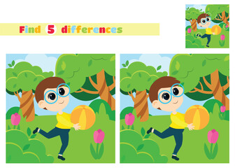 Find the differences. A boy runs with a ball in a green park in a cartoon style. An educational game for children in elementary school or kindergarten.