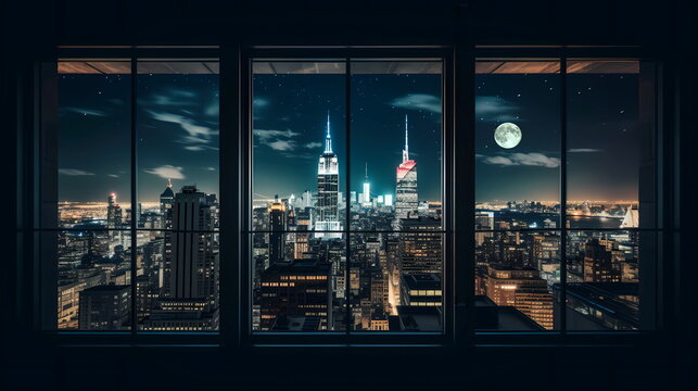 Fototapeta  New York city panorama at night view from windows blurred light usa urban,generated ai