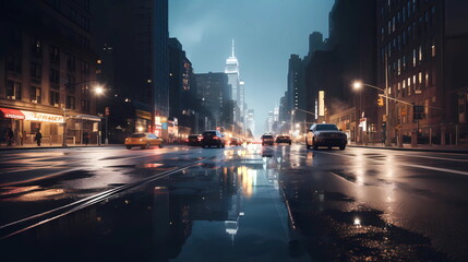 Fototapeta na wymiar rainy night street car traffic blurred light urban scene,New York city panorama at night view from windows blurred light usa urban,generated ai