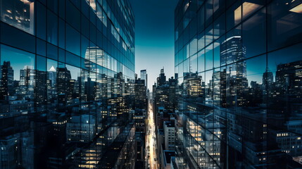 modern building windows at night, New York city panorama at night view from windows blurred light usa urban,generated ai