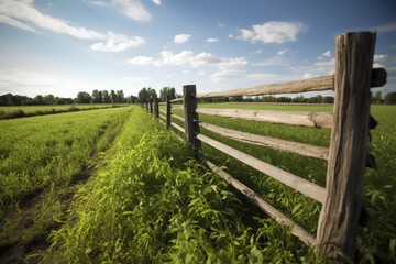 A wooden fence surrounding a field of green crops