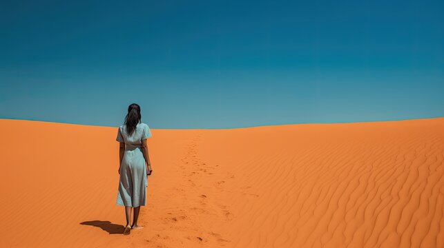 A photo of the back of a woman's standing alone in a vacant hot windy desert looking toward a bright orange wall with the blue sky. back view. generative ai