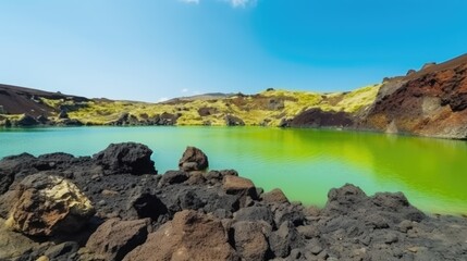 Fototapeta na wymiar Landscape with vibrant green lake, colorful rocks and black volcanic sand. Travel background. Nature background. Outdoor landscape.