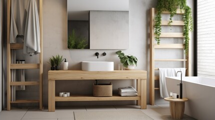 Minimalist bathroom with a white sink, a simple wooden vanity, and a large mirror on the wall.  generative ai