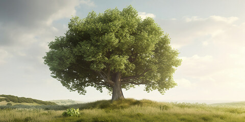 A solitary, sturdy and big tree, contrasting with the vastness of the pasture