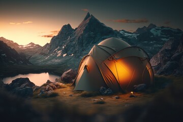 Tent camping on top of a mountain at sunset, AI generated
