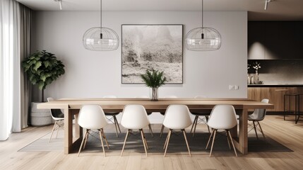 Fototapeta premium Minimalist dining room with a long wooden table, white chairs, and a simple pendant light hanging above. generative ai
