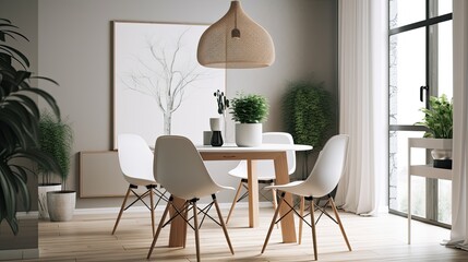Minimalist dining room with a long wooden table, white chairs, and a simple pendant light hanging above. generative ai