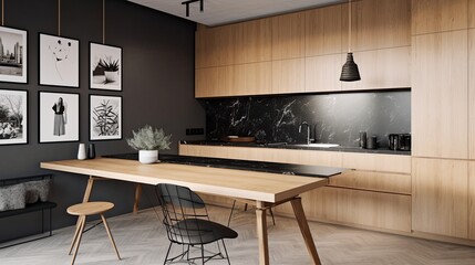 Minimalist kitchen with a white countertop, light wood cabinets, and a simple black backsplash. generative ai