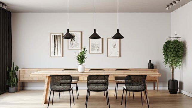 Minimalist Dining Room With A Long Wooden Table, White Chairs, And A Simple Pendant Light Hanging Above. Generative Ai