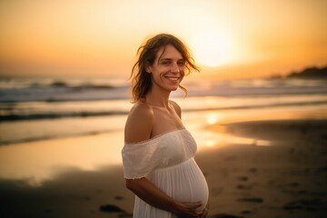 Fototapeta na wymiar Happy pregnant woman hugging her belly at the beach, sunset, AI generated