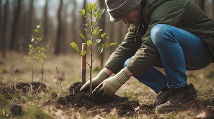 Planting Trees Positive volunteer gardener caring with safety ready to planting trees to reduce Co2 and avoid climate warming. generative ai
