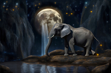 Black elephant near waterfall in night with moon. Generative AI