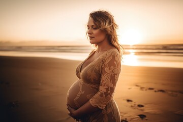 Fototapeta na wymiar Pregnant woman hugging her belly at the beach, sunset, AI generated