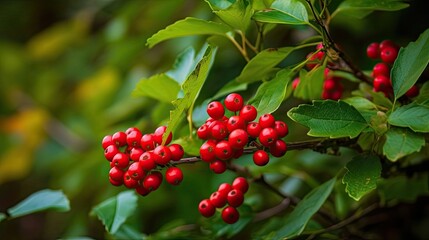 Fototapeta premium Red berries in the green bush. generative ai