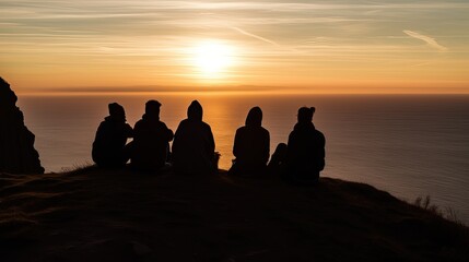 Fototapeta na wymiar Silhouettes from a group of friends meeting in the cliffs to watch sun going down. generative ai