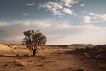 Fototapeta na wymiar Gradually withering, expansive single tree grappling with harsh arid environment. Generative AI