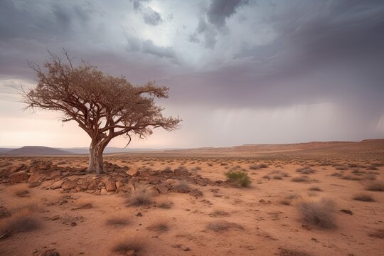 Gradually withering, expansive single tree grappling with harsh arid environment. Generative AI