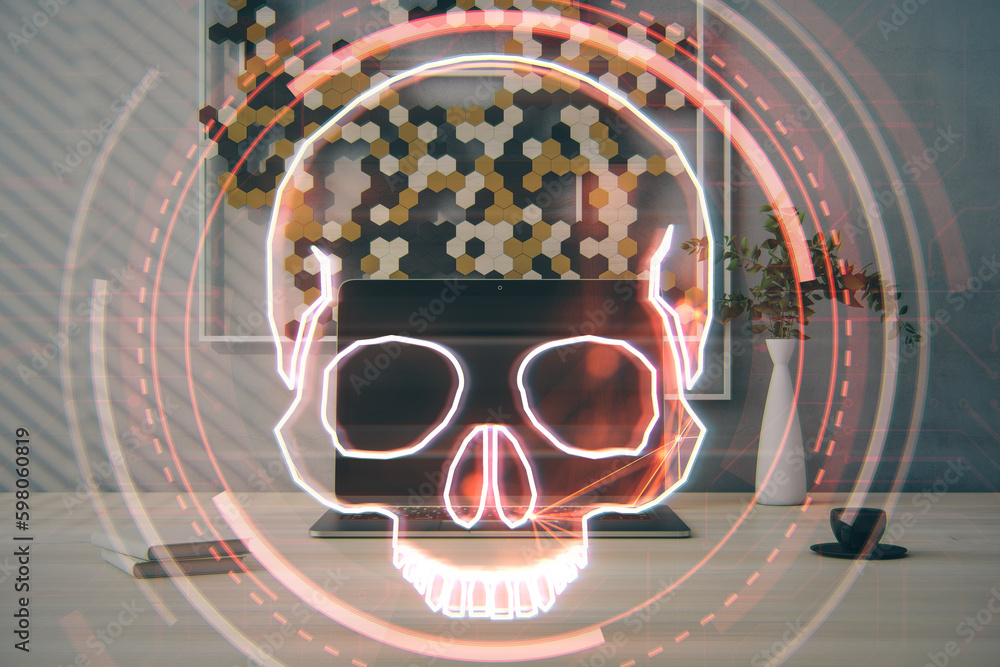 Poster close up of laptop on desktop with digital red skull on blurry background. ransomeware, virus and pi