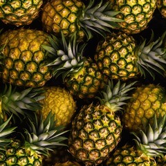 Seamless pattern with beautiful ripe and delicious pineapples. Ananas fruits endless texture. Organic vitamin food background. Generated with AI.