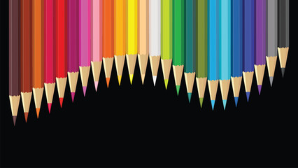 Curve of color pencils, wooden color pencils arranged in bulk on a black isolated background, Drawing colors, multicolors