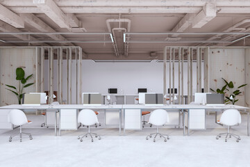 Modern light meeting room interior with wooden elements, equipment and furniture. 3D Rendering.