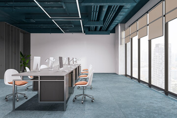 Modern office interior with furniture, equipment and other items. 3D Rendering.