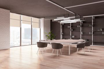 Luxury light meeting room interior with window and cirty view, equipment and furniture. 3D Rendering.