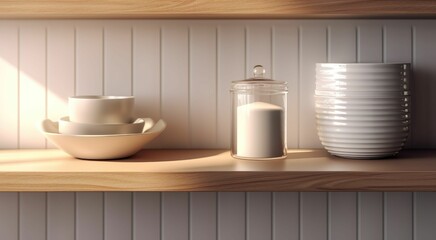 Wooden wall shelf ,cozy luxury kitchen in sunlight for food, cooking, interior design decoration background 3D