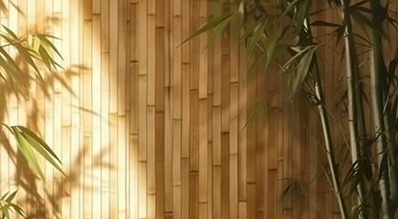 Fototapeta na wymiar Bamboo tree leaf shadow on brown wooden panel wall with wood grain for luxury product display, interior design decoration background 3D