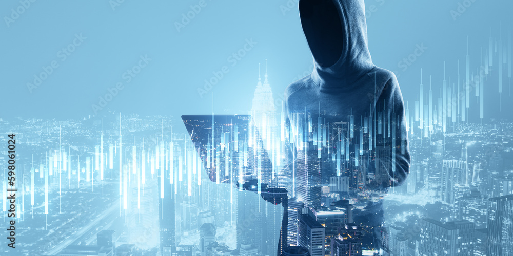 Poster hacker in hoodie using laptop with glowing candlestick forex chart on blurry light city background. 