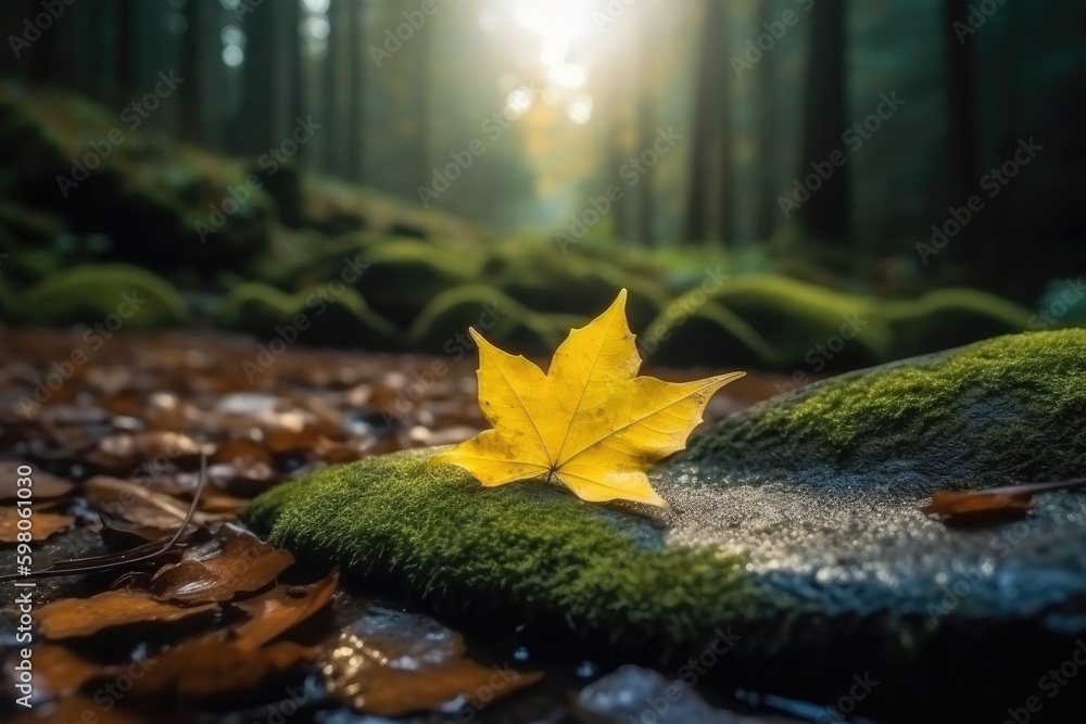 Poster leaf resting on a rock covered in vibrant green moss. generative ai generative ai